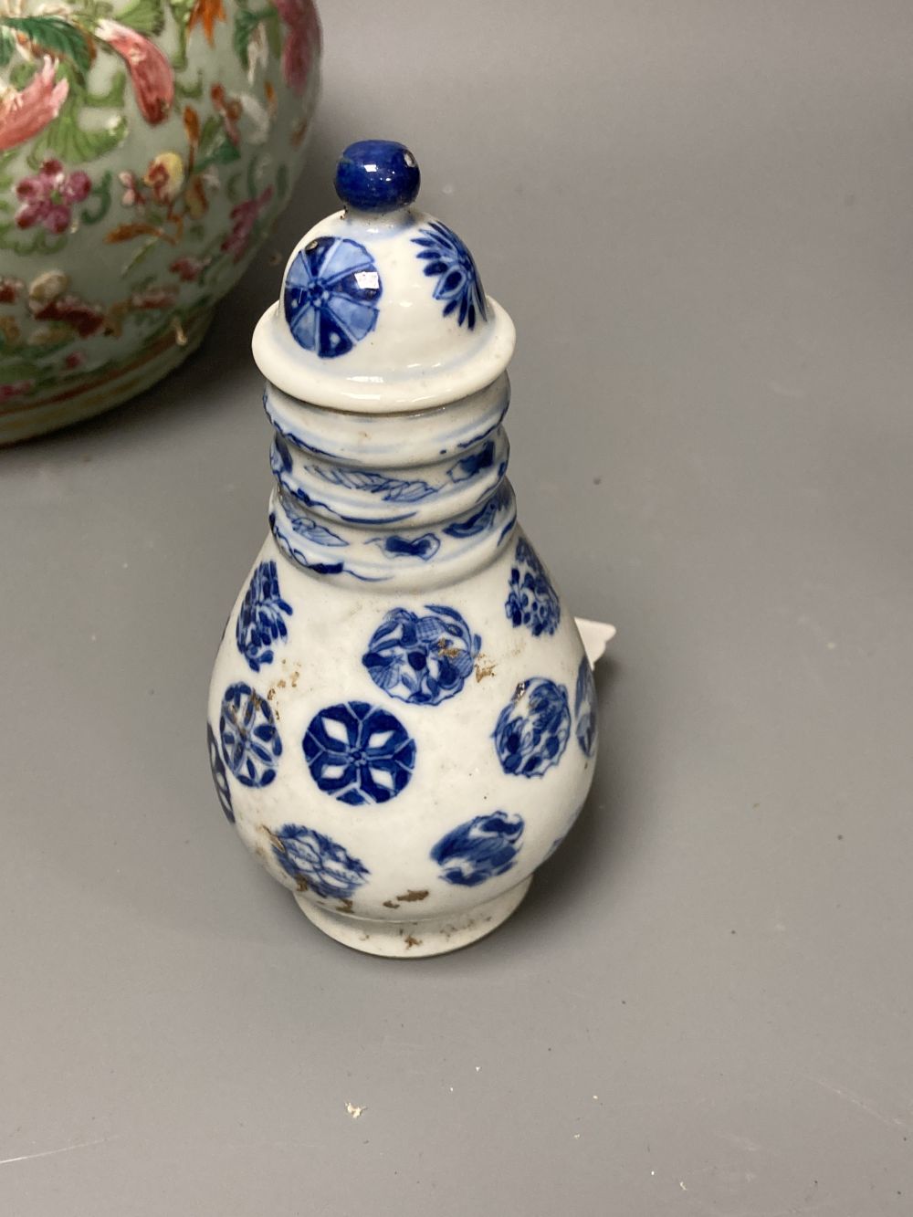 A Chinese blue and white vase & cover, a celadon vase, pair pots & covers,  miniature dish, cast iron bronze an 2 other items